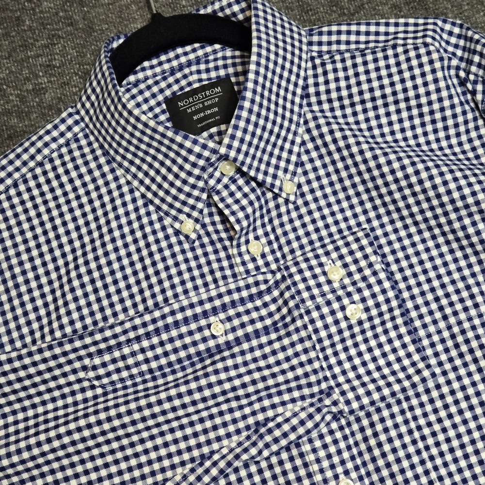 Men's‎ Nordstrom Button Shirt Non-Iron Traditional Fit Oxford Gingham Plaid 16.5